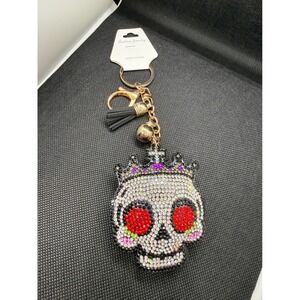 Rhinestone Sugar Skull Keychain Crown Tassel Gold Tone Bag Charm Day of the Dead